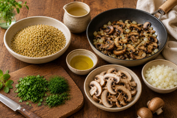 Zutaten- und Vorbereitungsansicht mit Freekeh, Champignons, Zwiebel, Kräutern, Olivenöl und Brühe; Pilze und Zwiebeln teilweise angebraten.