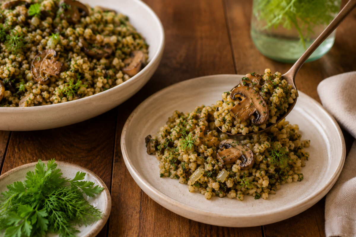Servierszene des fertigen Freekeh-Pilaws: eine Portion mit Pilzen und Kräutern wird mit einem Löffel angerichtet.