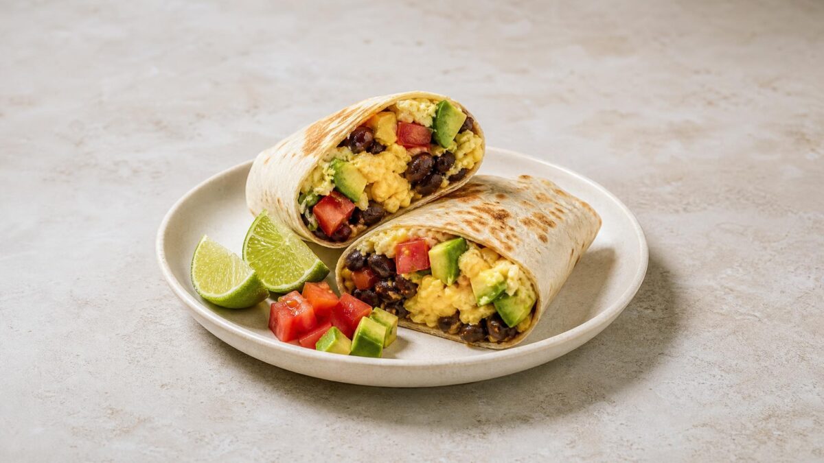Hauptansicht des fertigen Gerichts. Rezept: Frühstücks-Burrito mit Ei, Bohnen und Avocado