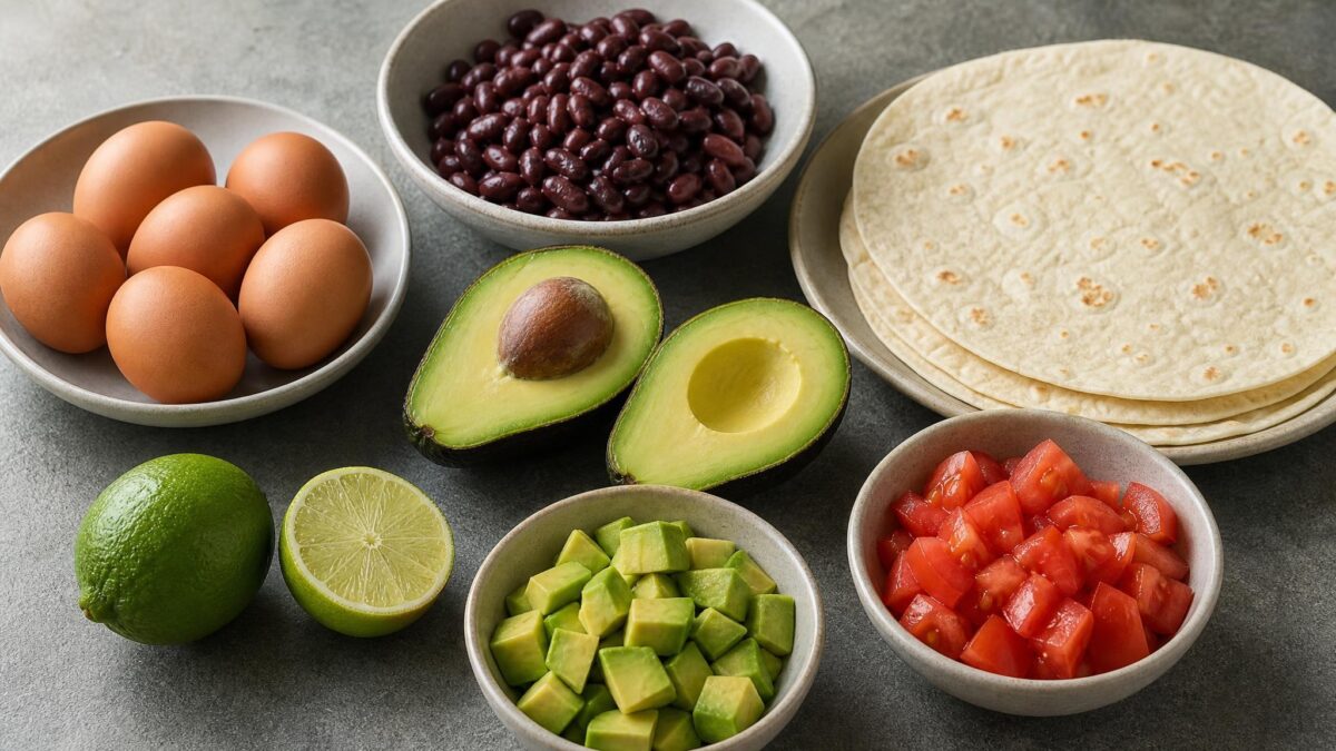 Zutaten- und Vorbereitungsansicht zum Rezept. Rezept: Frühstücks-Burrito mit Ei, Bohnen und Avocado