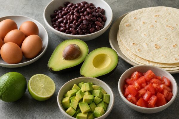 Zutaten- und Vorbereitungsansicht zum Rezept. Rezept: Frühstücks-Burrito mit Ei, Bohnen und Avocado