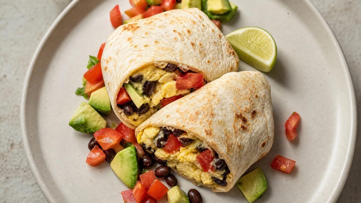 Fertiges Gericht aus einer alternativen Perspektive. Rezept: Frühstücks-Burrito mit Ei, Bohnen und Avocado