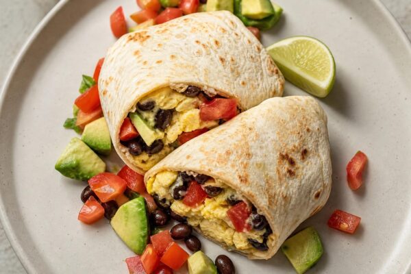 Fertiges Gericht aus einer alternativen Perspektive. Rezept: Frühstücks-Burrito mit Ei, Bohnen und Avocado