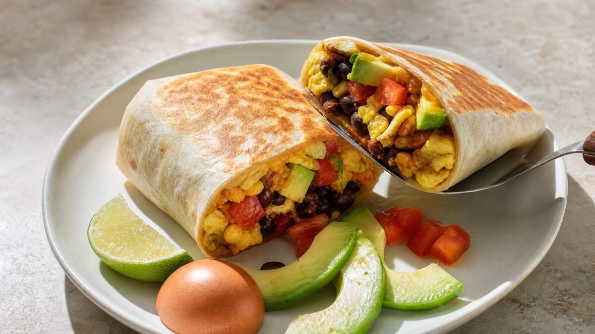 Servierszene mit dem fertigen Gericht. Rezept: Frühstücks-Burrito mit Ei, Bohnen und Avocado