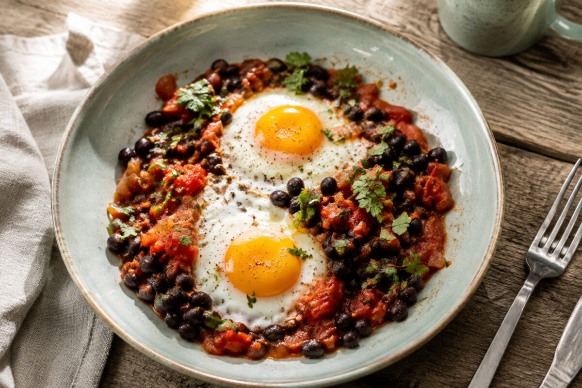 Hauptansicht des fertigen Gerichts. Rezept: Frühstückspfanne mit Bohnen, Ei und Tomate