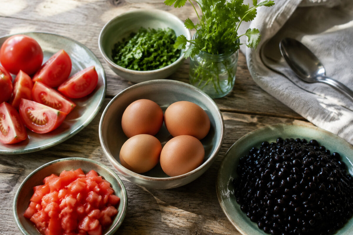 Zutaten- und Vorbereitungsansicht. Rezept: Frühstückspfanne mit Bohnen, Ei und Tomate