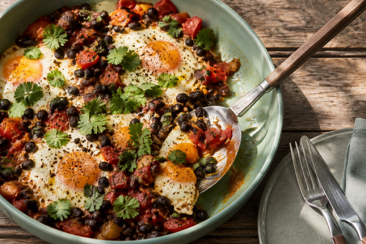 Servierszene mit dem fertigen Gericht. Rezept: Frühstückspfanne mit Bohnen, Ei und Tomate