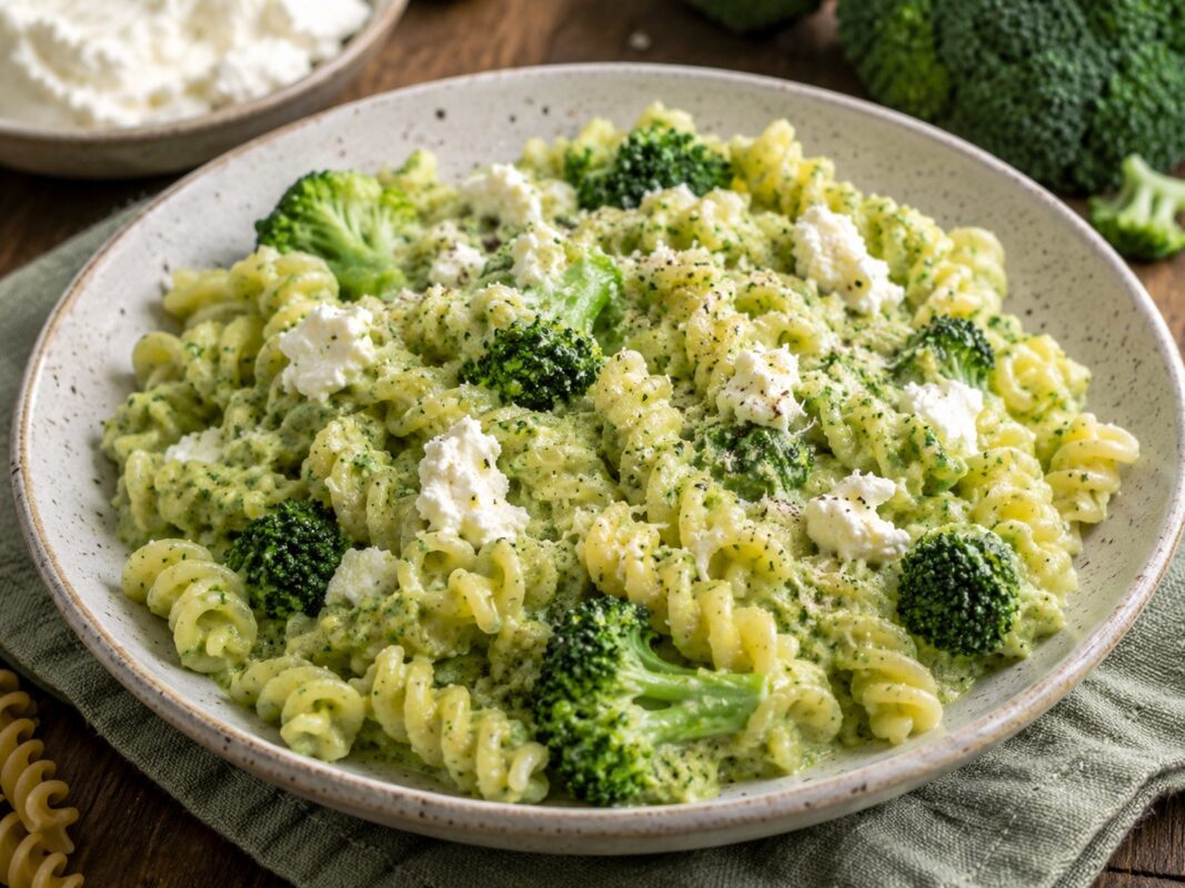Fusilli in hellgrüner Brokkoli-Ricotta-Creme mit sichtbaren Brokkoliröschen und Ricottaklecksen auf einem großen Keramikteller.