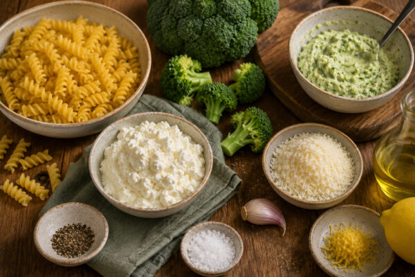 Zutaten- und Vorbereitungsansicht mit Fusilli, Brokkoli, Ricotta, geriebenem Hartkäse, Olivenöl, Knoblauch, Zitronenabrieb, Salz und Pfeffer sowie bereits angerührter Brokkoli-Ricotta-Creme.