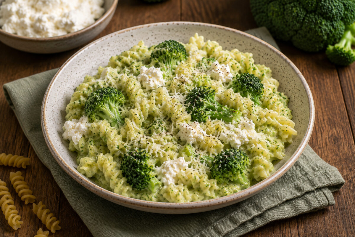 Fertige Fusilli in hellgrüner Brokkoli-Ricotta-Creme mit Brokkoliröschen, Ricottaklecksen und geriebenem Hartkäse in einer hellen Keramikschale, aus einer deutlich anderen Perspektive als Bild 1.