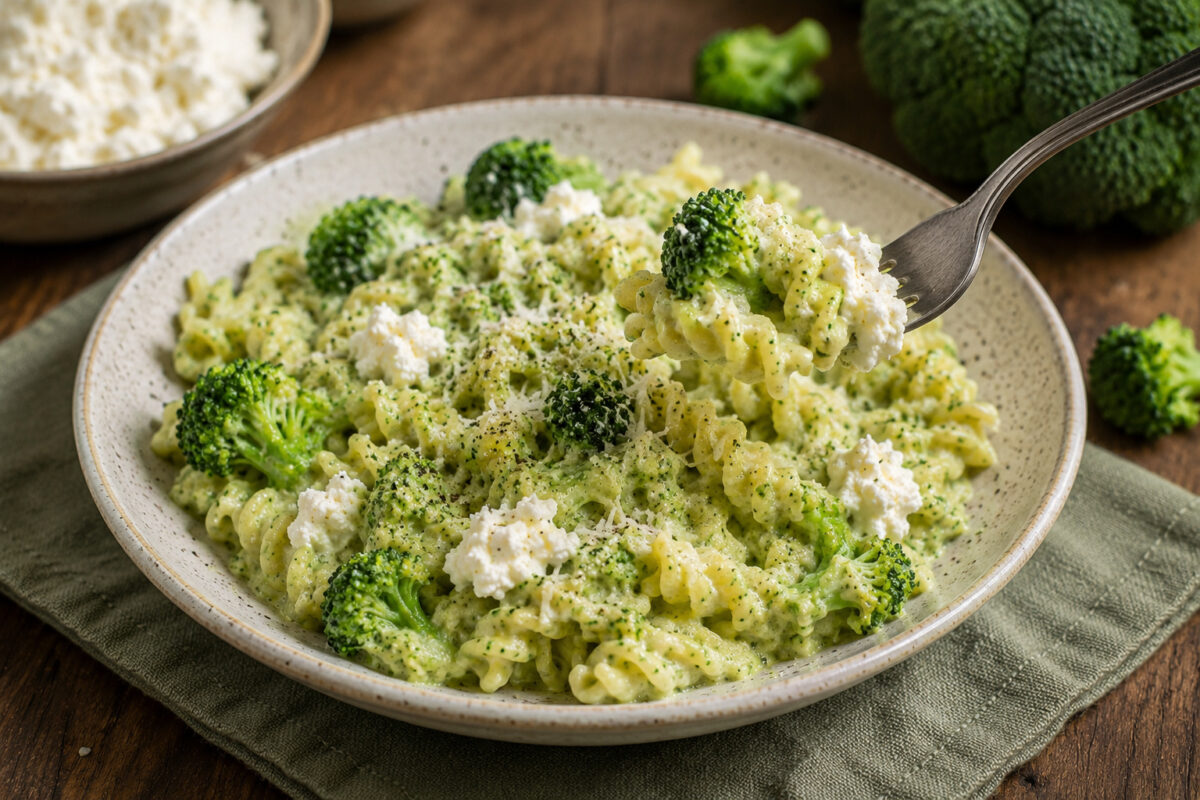 Servier- und Detailaufnahme der cremigen Fusilli mit Brokkoli und Ricotta; eine Gabel hebt eine Portion Pasta mit Brokkoliröschen und Ricotta aus der Schale.