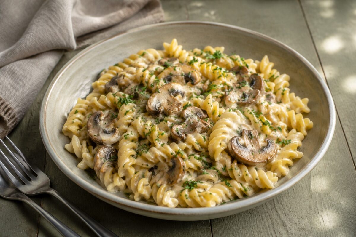 Hauptansicht des fertigen Gerichts. Rezept: Fusilli mit Pilzen und Kräuter-Hafercuisine