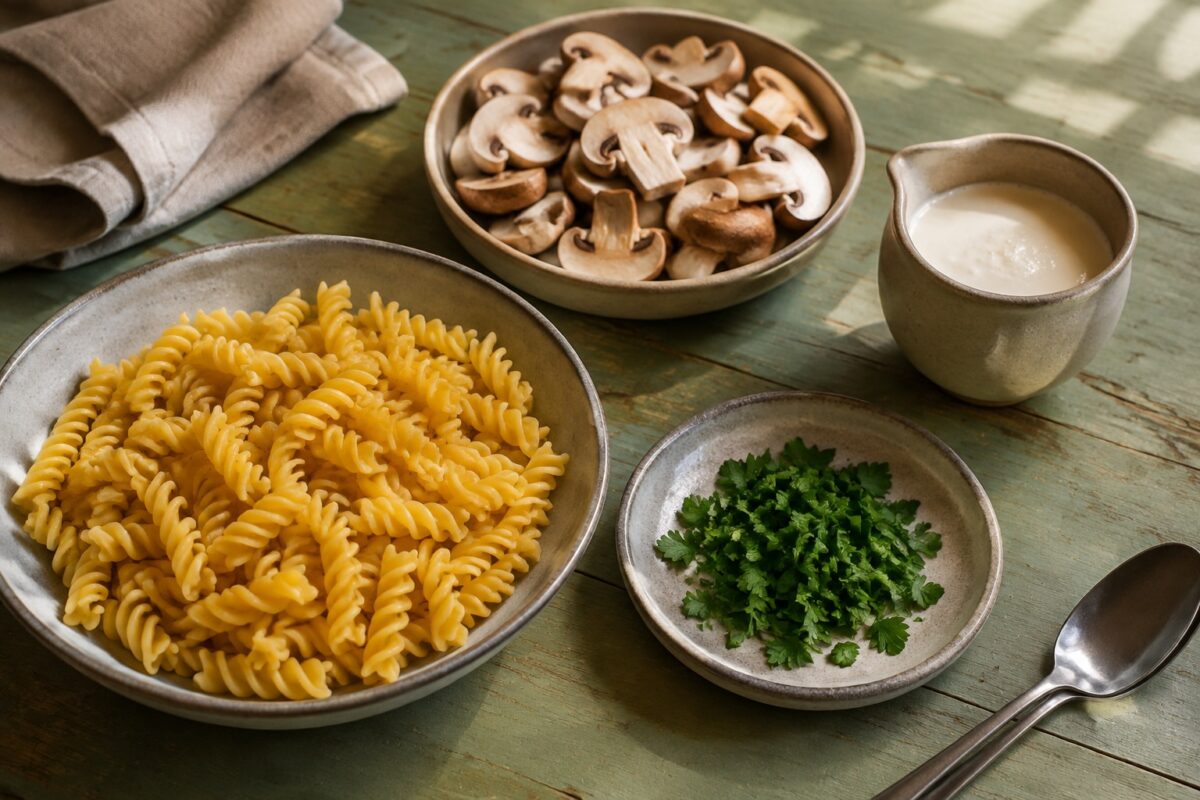 Zutaten- und Vorbereitungsansicht. Rezept: Fusilli mit Pilzen und Kräuter-Hafercuisine