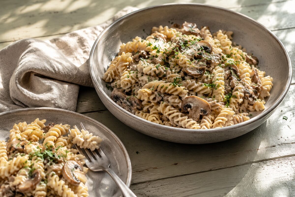 Servierszene mit dem fertigen Gericht. Rezept: Fusilli mit Pilzen und Kräuter-Hafercuisine