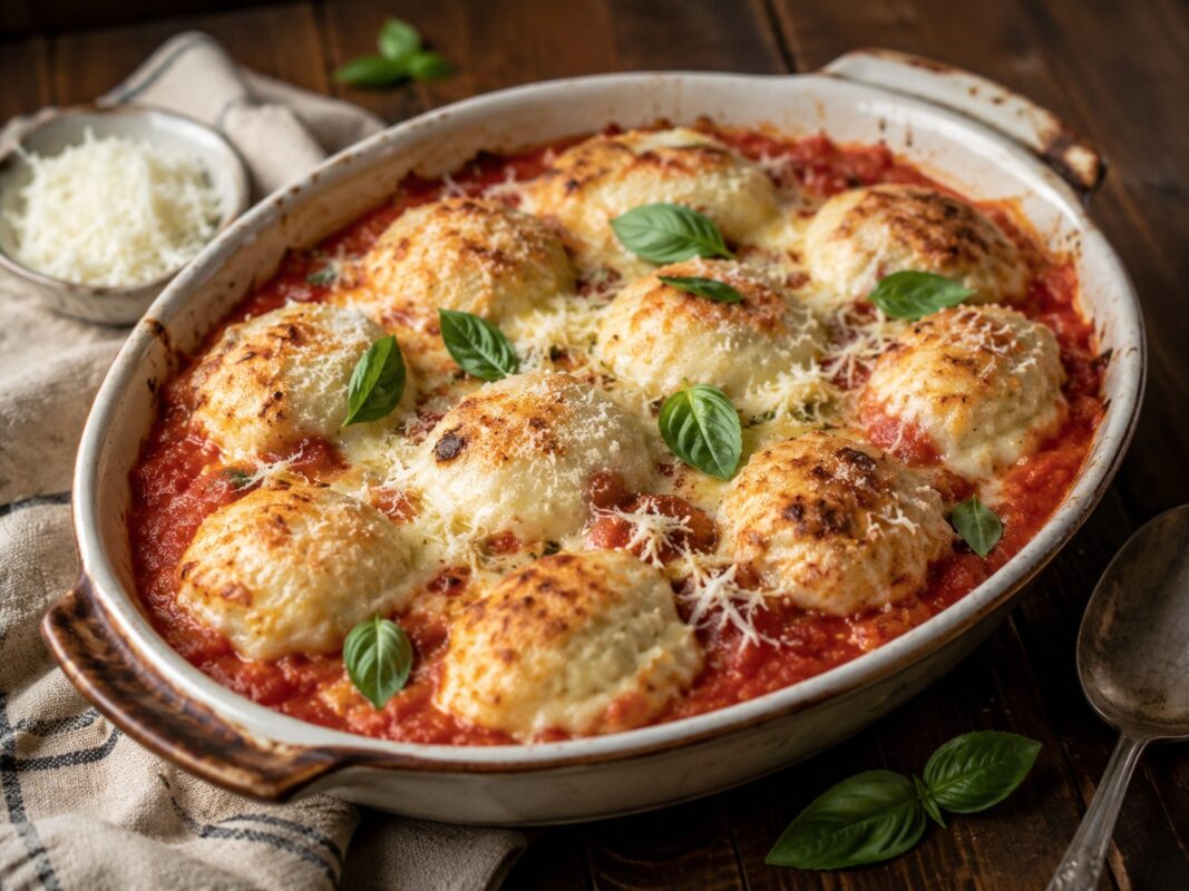 Große ovale helle Auflaufform mit gebackenen Ricotta-Klößchen in roter Tomatensauce, goldbraun überbacken und mit Basilikum garniert.