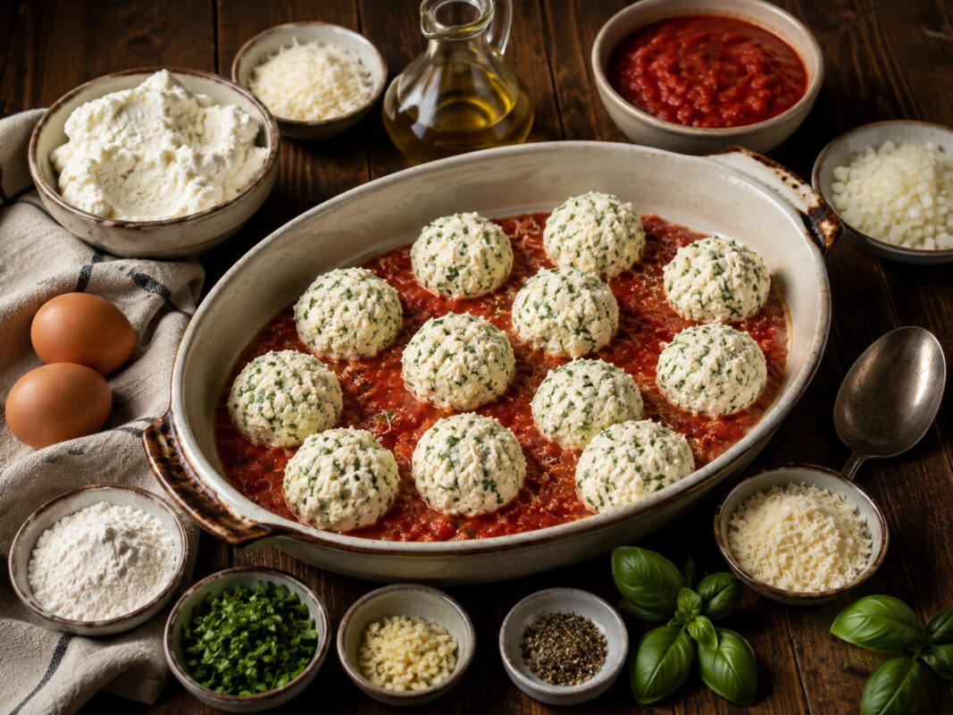 Zutaten- und Vorbereitungsansicht in derselben großen ovalen hellen Auflaufform auf rustikalem Holztisch: ungebackene Ricotta-Klößchen auf Tomatensauce, dazu separat arrangierte Hauptzutaten in neutralen Schalen – Ricotta, Eier, geriebener Parmesan oder…