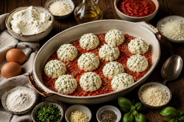 Zutaten- und Vorbereitungsansicht in derselben großen ovalen hellen Auflaufform auf rustikalem Holztisch: ungebackene Ricotta-Klößchen auf Tomatensauce, dazu separat arrangierte Hauptzutaten in neutralen Schalen – Ricotta, Eier, geriebener Parmesan oder…
