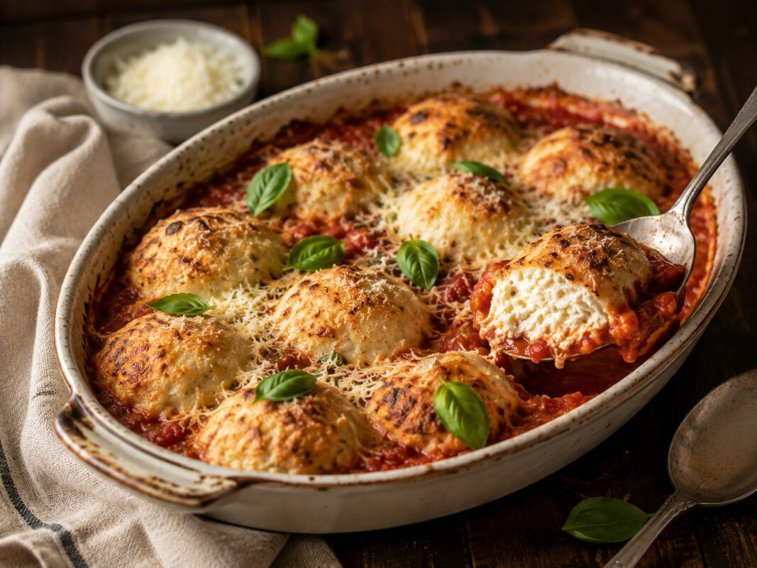 Nahe Detailaufnahme des fertigen Gerichts in derselben großen ovalen hellen Auflaufform mit Fokus auf die gebackenen Ricotta-Klößchen, die rote Tomatensauce, den goldbraunen Käse und frische Basilikumblätter.