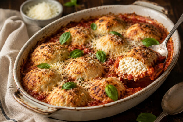 Nahe Detailaufnahme des fertigen Gerichts in derselben großen ovalen hellen Auflaufform mit Fokus auf die gebackenen Ricotta-Klößchen, die rote Tomatensauce, den goldbraunen Käse und frische Basilikumblätter.