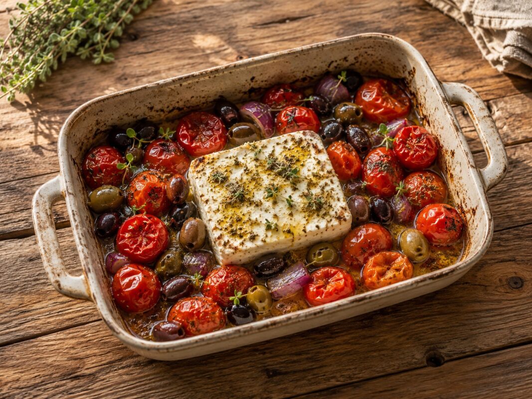 Rechteckige Auflaufform mit gebackenem Feta, gerösteten Kirschtomaten und grünen sowie schwarzen Oliven.