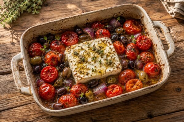 Rechteckige Auflaufform mit gebackenem Feta, gerösteten Kirschtomaten und grünen sowie schwarzen Oliven.