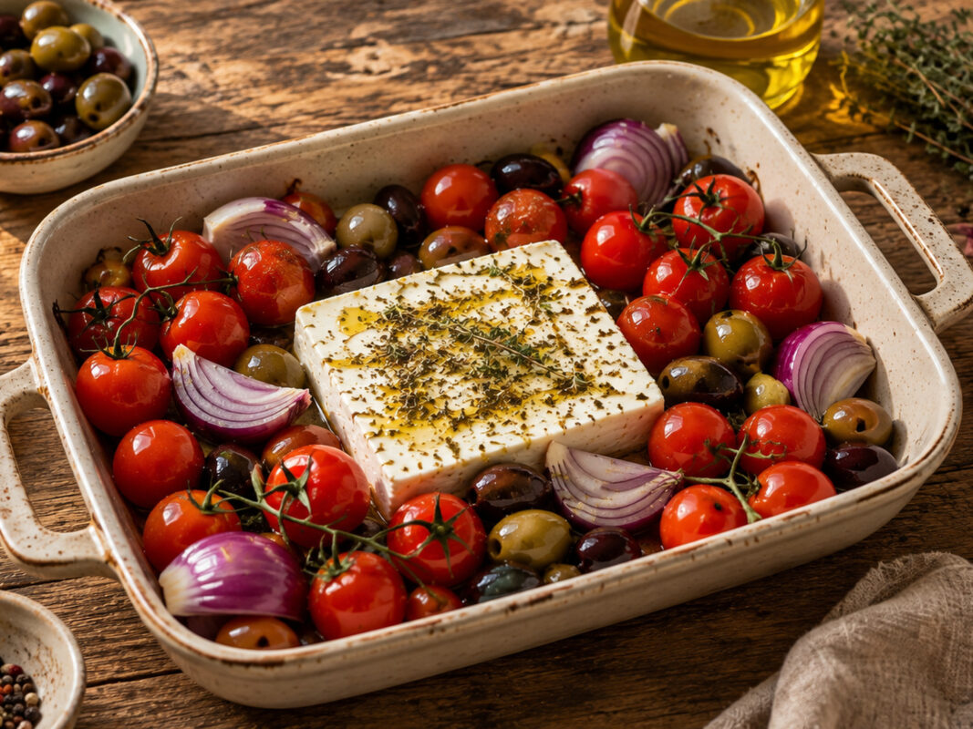 Zutaten- und Vorbereitungsansicht mit Feta, Kirschtomaten, grünen und schwarzen Oliven, roter Zwiebel, Olivenöl und Kräutern in der rustikalen Auflaufform.