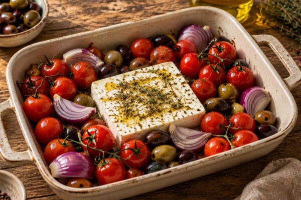 Zutaten- und Vorbereitungsansicht mit Feta, Kirschtomaten, grünen und schwarzen Oliven, roter Zwiebel, Olivenöl und Kräutern in der rustikalen Auflaufform.