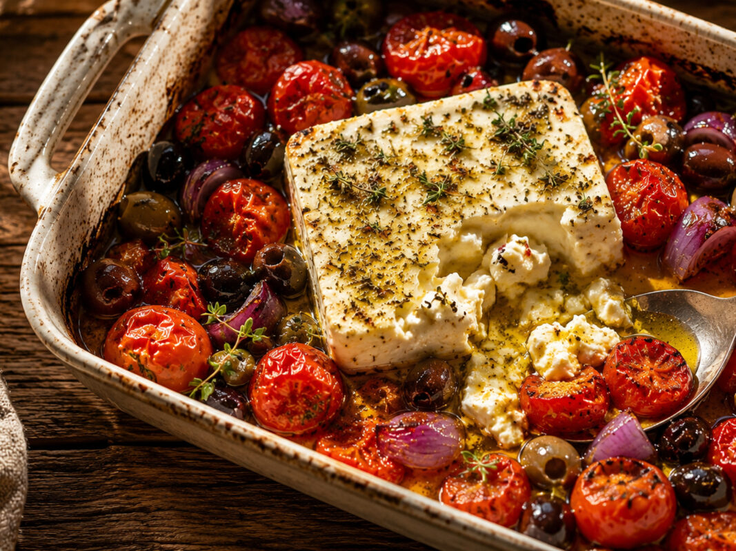 Fertiger gebackener Feta mit aufgeplatzten Tomaten, Oliven und Zwiebel; Servieransicht mit entnommener Portion.