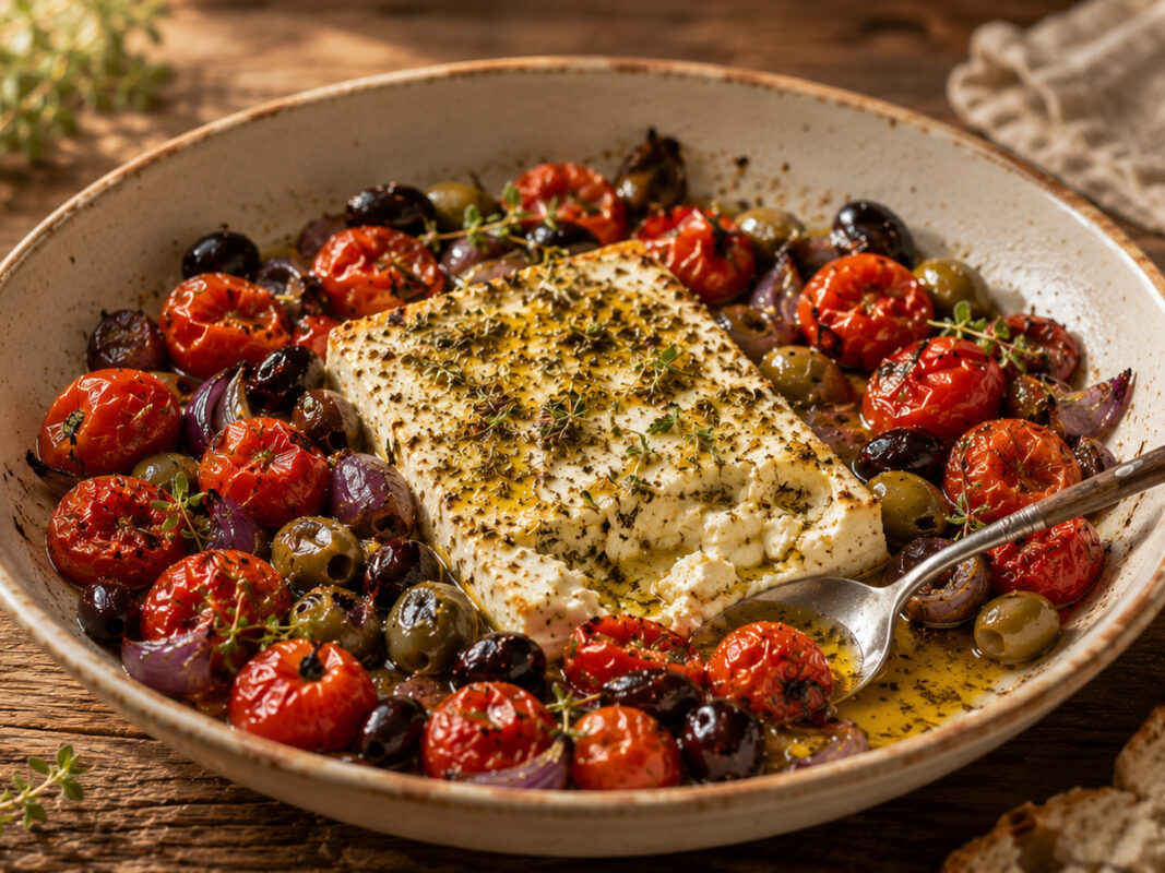 Fertiger gebackener Feta mit Tomaten und Oliven in einer alternativen nahen Servierperspektive.