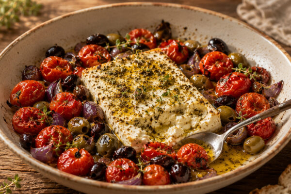 Fertiger gebackener Feta mit Tomaten und Oliven in einer alternativen nahen Servierperspektive.