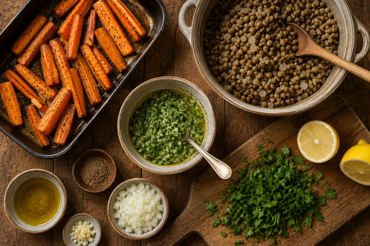 Zutaten- und Vorbereitungsansicht mit gebratenen Karotten, Linsen, Zwiebel, Knoblauch, Petersilie, Zitrone, Öl, Kreuzkümmel und Kräutersauce.