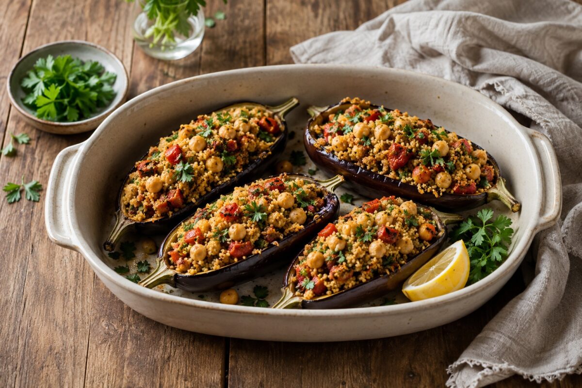 Vier gefüllte Auberginenhälften in einer großen hellen ovalen Keramikform, gefüllt mit Couscous, Kichererbsen, Tomaten und Kräutern, mit Zitronenspalte und Petersilie.