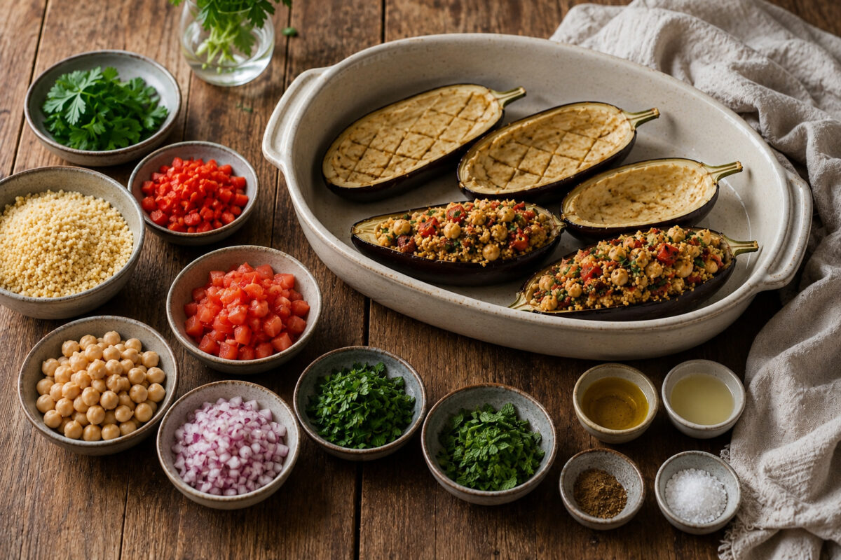 Zutaten- und Vorbereitungsansicht mit halbierten Auberginen, Couscous, Kichererbsen, gewürfelten Tomaten, fein gewürfelter roter Paprika, fein gewürfelter Zwiebel, gehackter Petersilie und Minze, Zitronensaft, Olivenöl, Kreuzkümmel, Salz und Pfeffer in k…