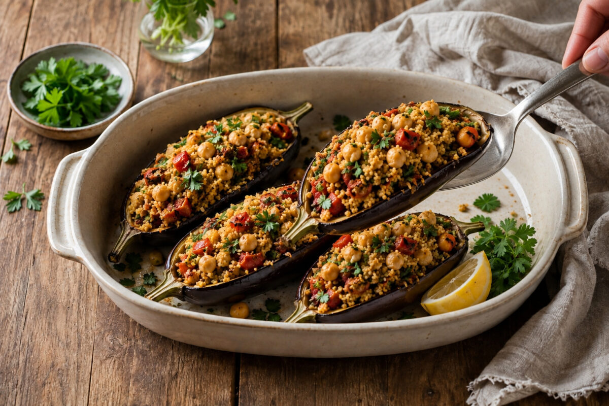 Serviersituation mit einer gefüllten Auberginenhälfte, die mit neutralem Servierbesteck aus derselben großen hellen ovalen Keramikform angehoben wird; die Füllung aus Couscous, Kichererbsen, Tomaten, roter Paprika und Kräutern bleibt klar erkennbar.