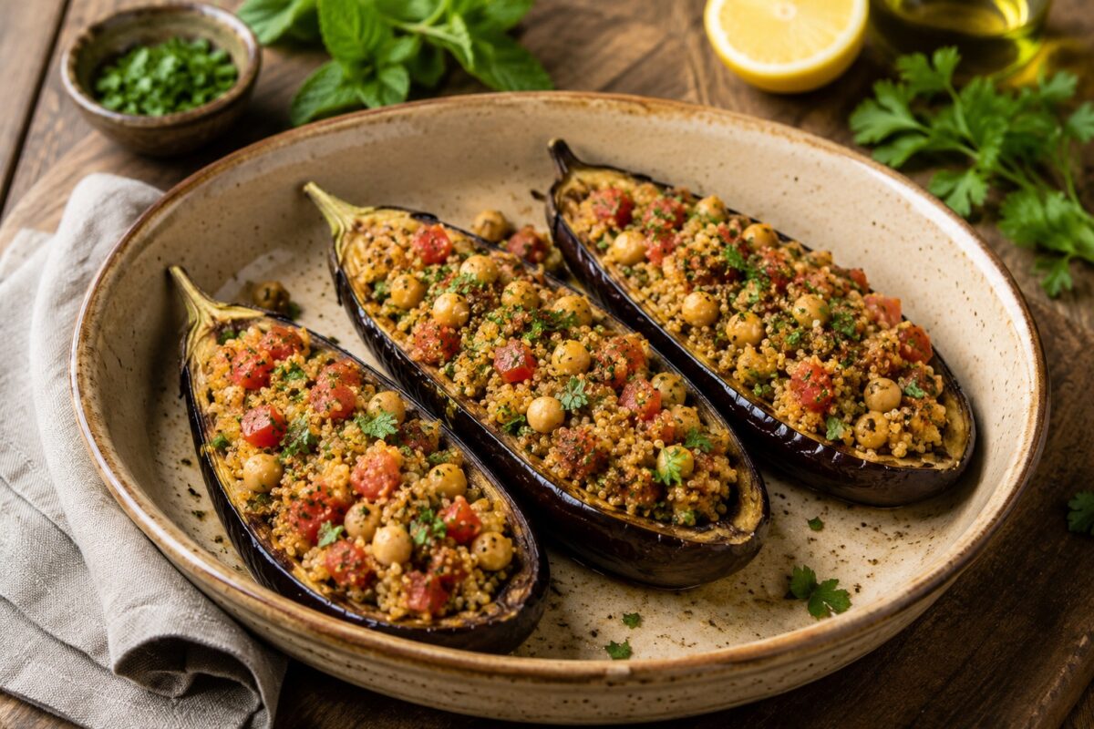 Drei längs halbierte Auberginen in einer großen hellen Keramikschale, gefüllt mit Quinoa, Kichererbsen, Tomaten und Petersilie.