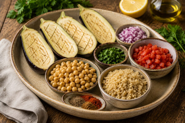 Zutaten- und Vorbereitungsansicht mit halbierten Auberginen, Quinoa, Kichererbsen, gewürfelten Tomaten, roter Zwiebel, gehackter Petersilie, Zitrone, Olivenöl und Gewürzen in neutralen Schalen auf rustikalem Holztisch.