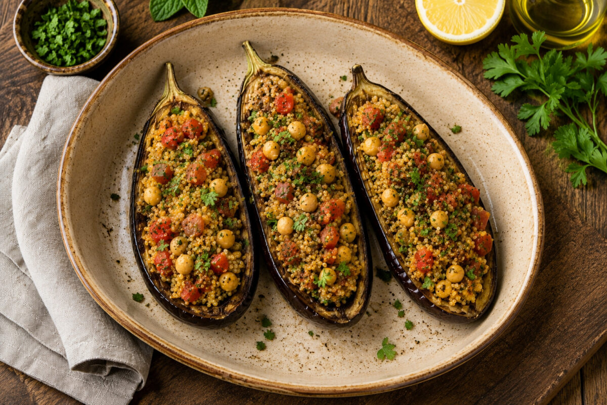 Draufsicht auf drei gefüllte Auberginenhälften in derselben großen ovalen hellbeigen Keramikschale mit braunem Rand; die Füllung aus Quinoa, Kichererbsen, Tomaten und Kräutern bleibt vollständig sichtbar.