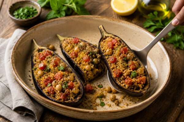 Serviersituation mit einer gefüllten Auberginenhälfte, die mit neutralem Servierbesteck aus derselben großen ovalen hellbeigen Keramikschale angehoben wird; Quinoa, Kichererbsen, Tomaten und Kräuter bleiben klar erkennbar.