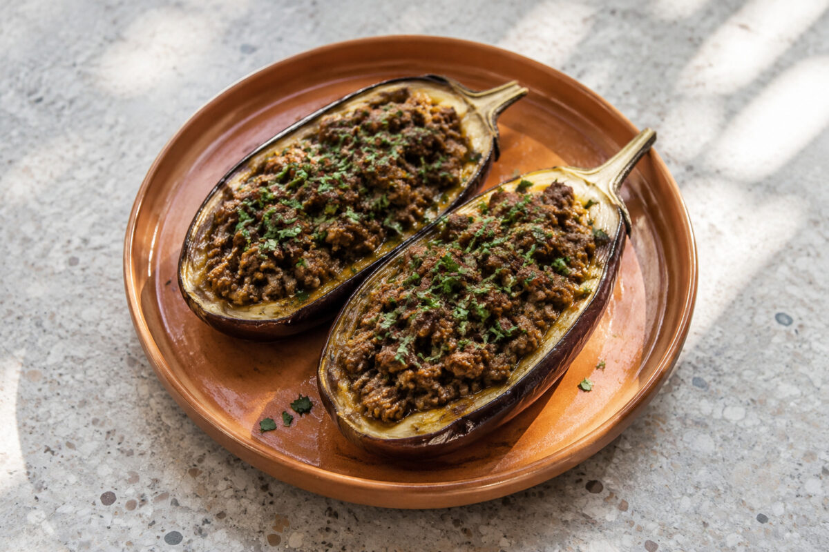 Hauptansicht des fertigen Gerichts. Rezept: Gefüllte Auberginen mit Rinderhack und Kräutern