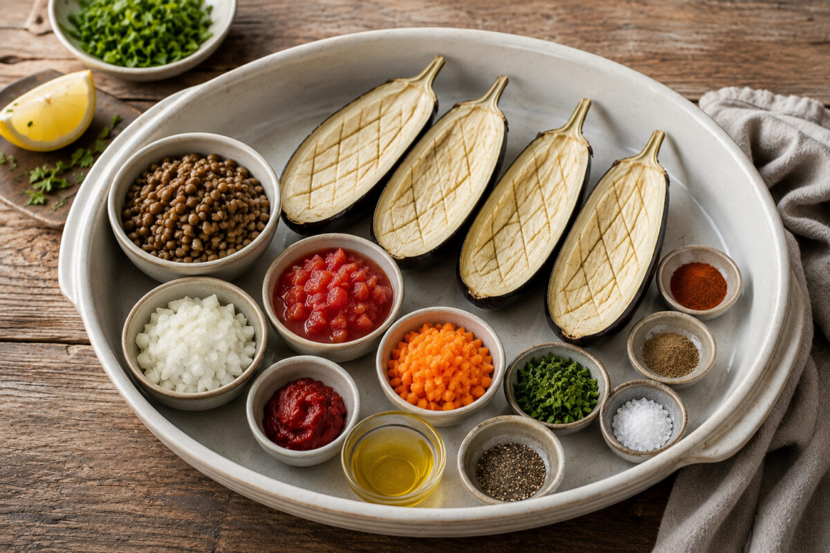 Zutaten- und Vorbereitungsansicht mit Auberginenhälften, gekochten braunen oder grünen Linsen, stückigen Tomaten, fein gewürfelter Zwiebel und Karotte, Tomatenmark, Petersilie, Olivenöl sowie Kreuzkümmel, Paprikapulver, Salz und Pfeffer in neutralen Scha…