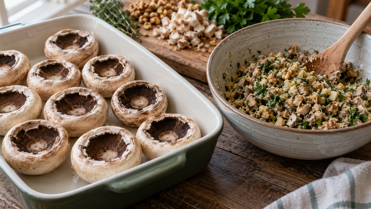 Gefüllte Champignons mit Walnuss-Kräuter-Kruste: Verwendete Zutaten und nachvollziehbare Vorbereitung.