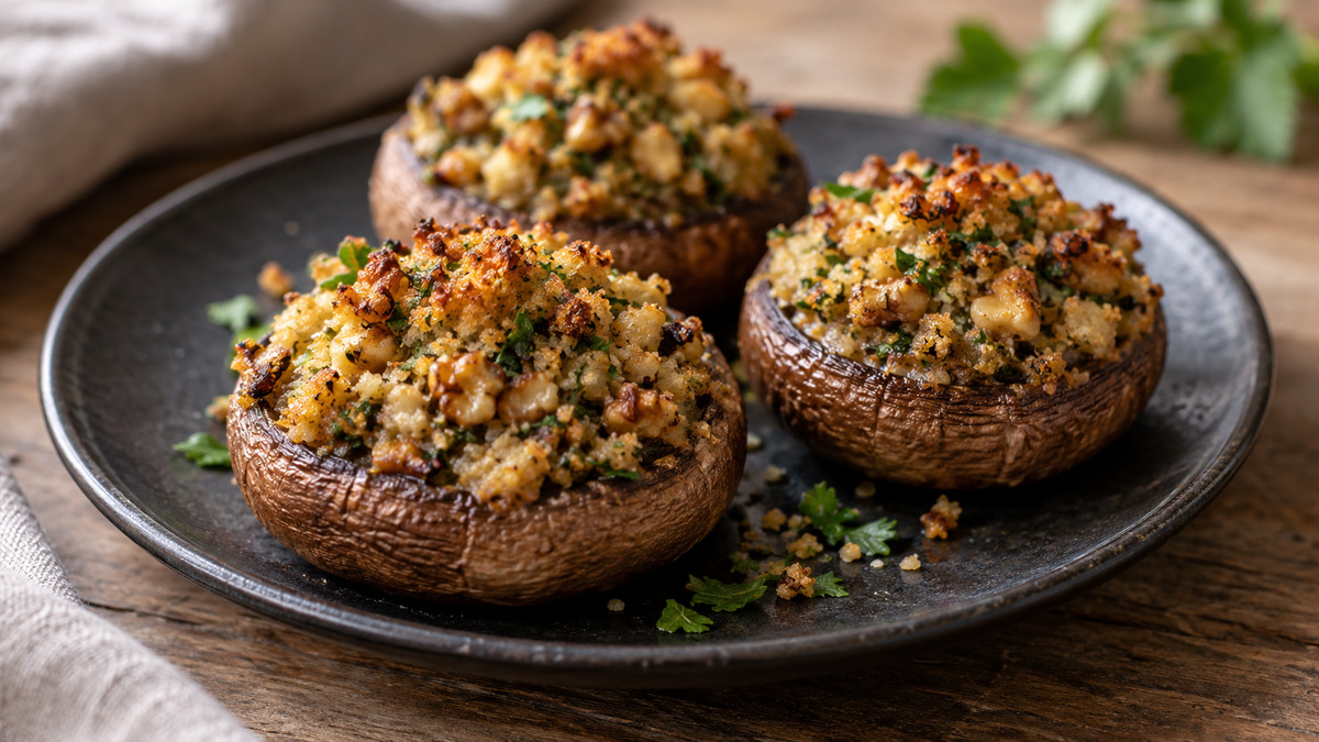 Gefüllte Champignons mit Walnuss-Kräuter-Kruste: Fertiges Gericht aus einer alternativen Perspektive.