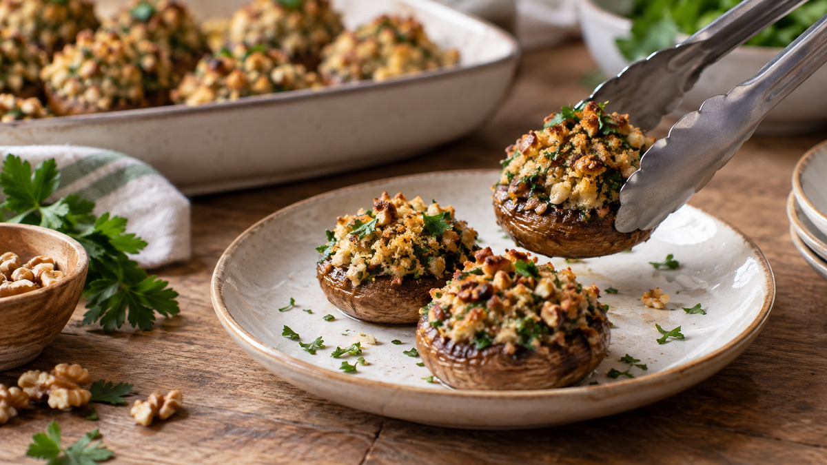 Gefüllte Champignons mit Walnuss-Kräuter-Kruste: Alternative Anrichtung oder aktive Servierszene.