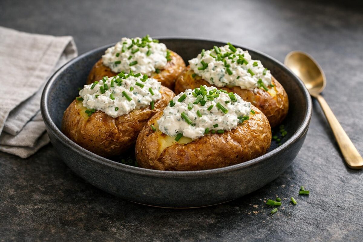 Hauptansicht des fertigen Gerichts. Rezept: Gefüllte Ofenkartoffeln mit laktosefreier Kräutercreme