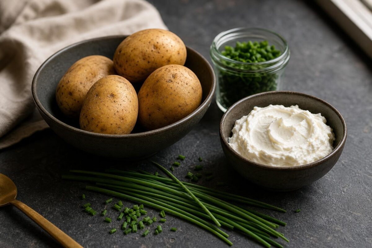 Zutaten- und Vorbereitungsansicht. Rezept: Gefüllte Ofenkartoffeln mit laktosefreier Kräutercreme