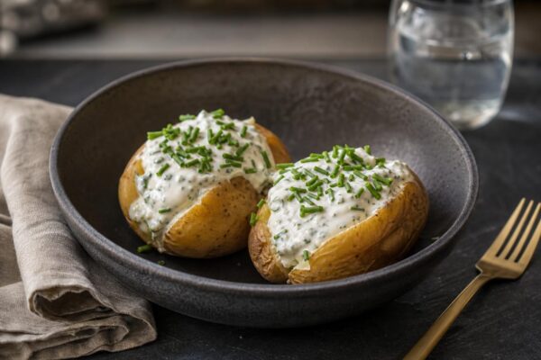 Fertiges Gericht aus einer alternativen Perspektive. Rezept: Gefüllte Ofenkartoffeln mit laktosefreier Kräutercreme