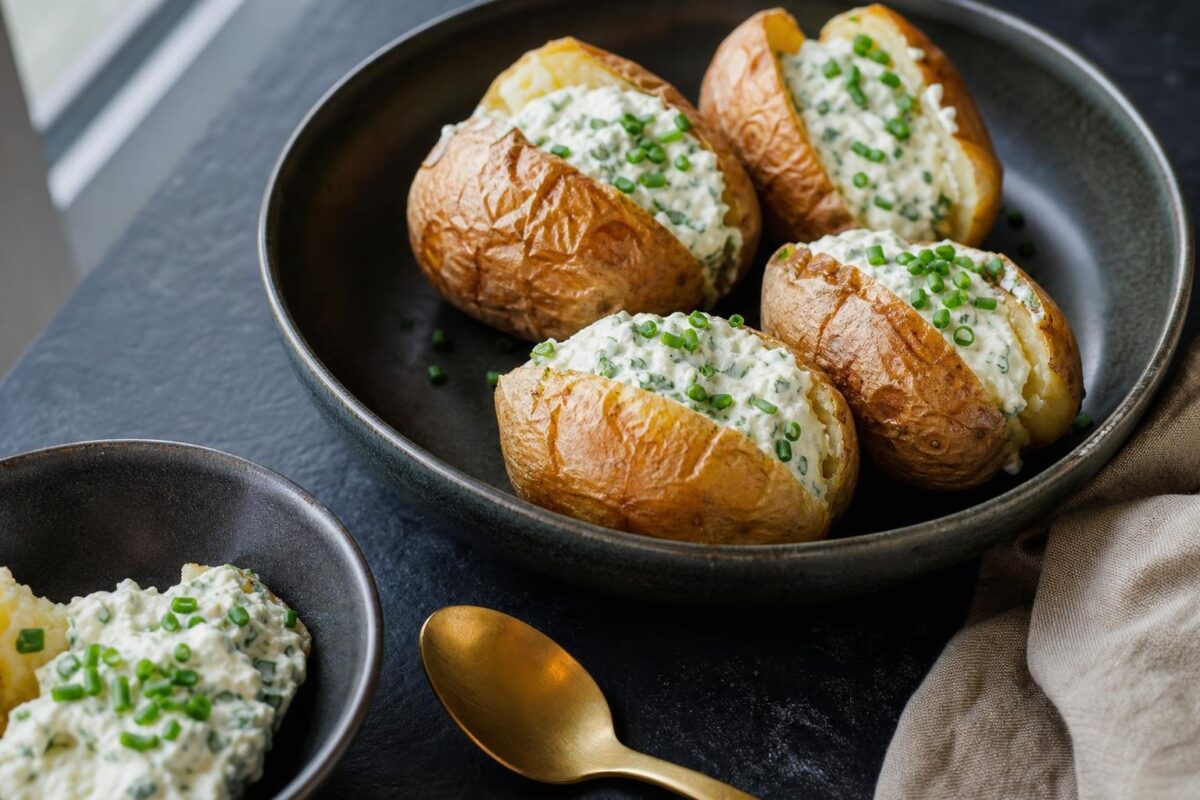 Servierszene mit dem fertigen Gericht. Rezept: Gefüllte Ofenkartoffeln mit laktosefreier Kräutercreme