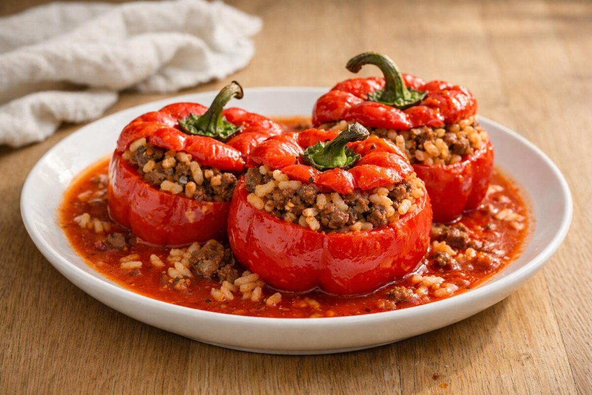 Hauptansicht des fertigen Gerichts. Rezept: Gefüllte Paprika mit Reis und Rinderhack