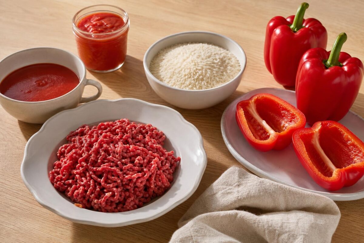 Zutaten- und Vorbereitungsansicht. Rezept: Gefüllte Paprika mit Reis und Rinderhack