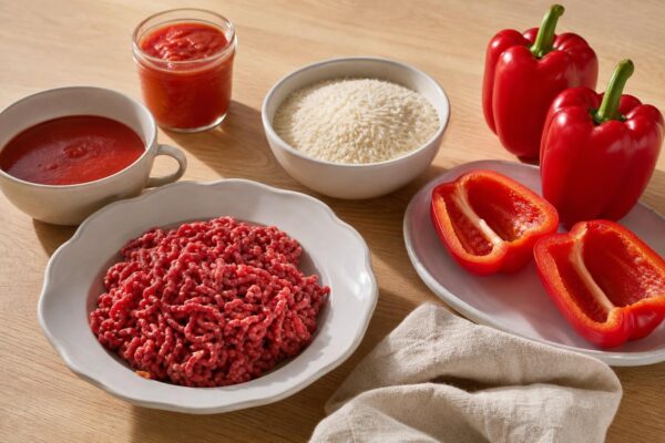 Zutaten- und Vorbereitungsansicht. Rezept: Gefüllte Paprika mit Reis und Rinderhack